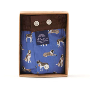 McAlson boxershort in blauw met Sint Bernhardsprint, donkerbruine boord, stijlvol en comfortabel.