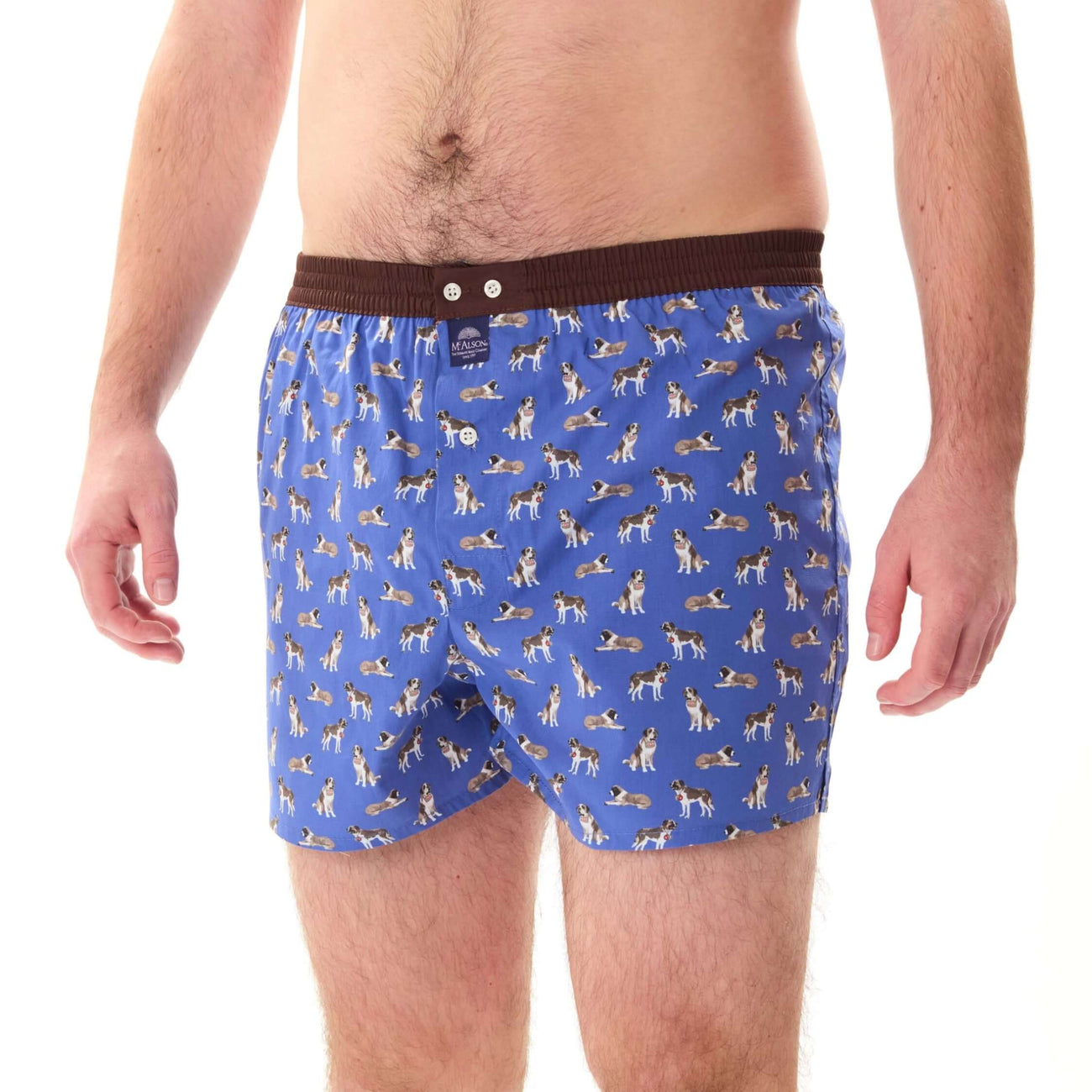 Blauwe McAlson boxershort met Sint Bernhardsprint en donkerbruine boord voor stijl en comfort.
