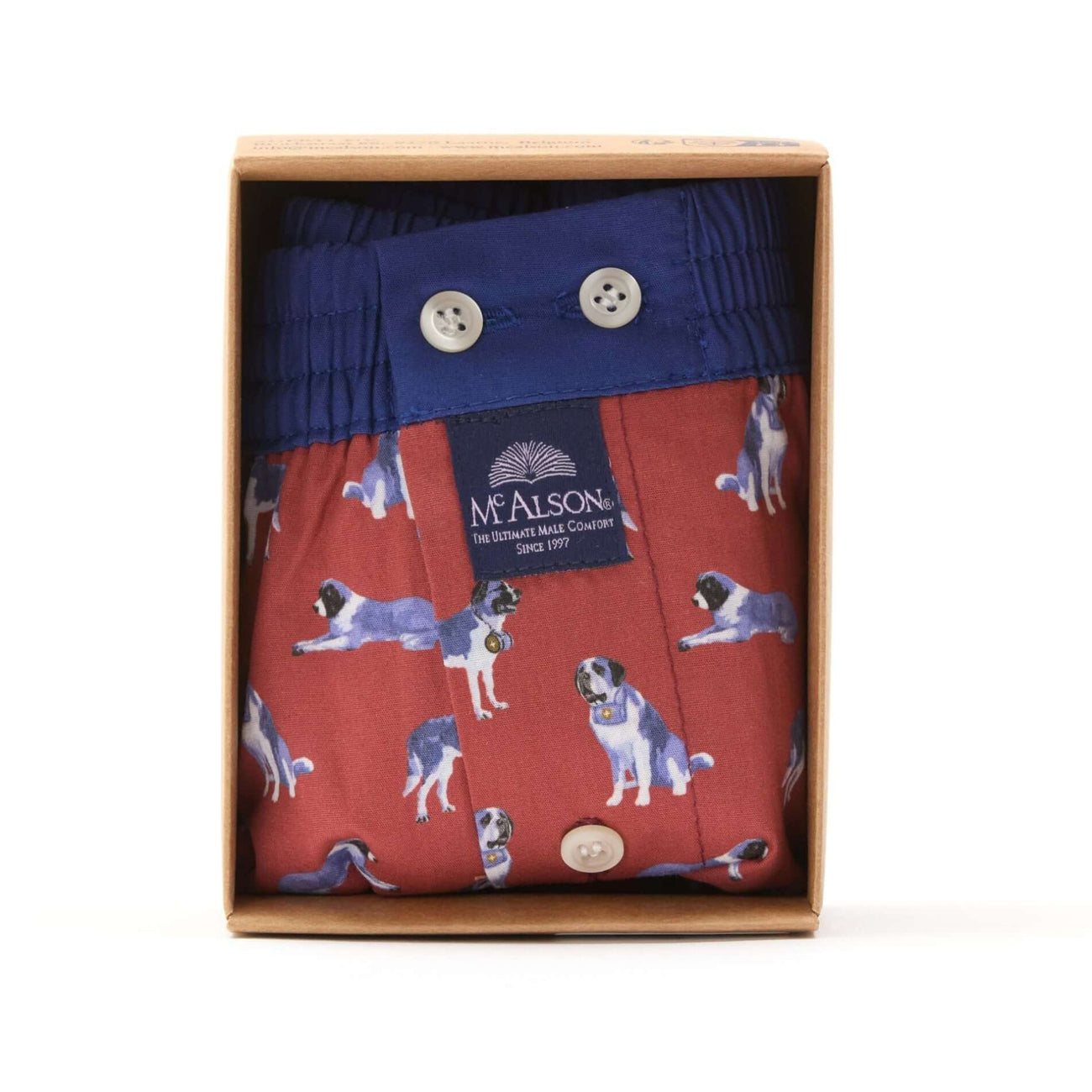 McAlson boxershort in burgundy met Sint Bernard hondenprint, stijlvolle comfortabele verpakking.