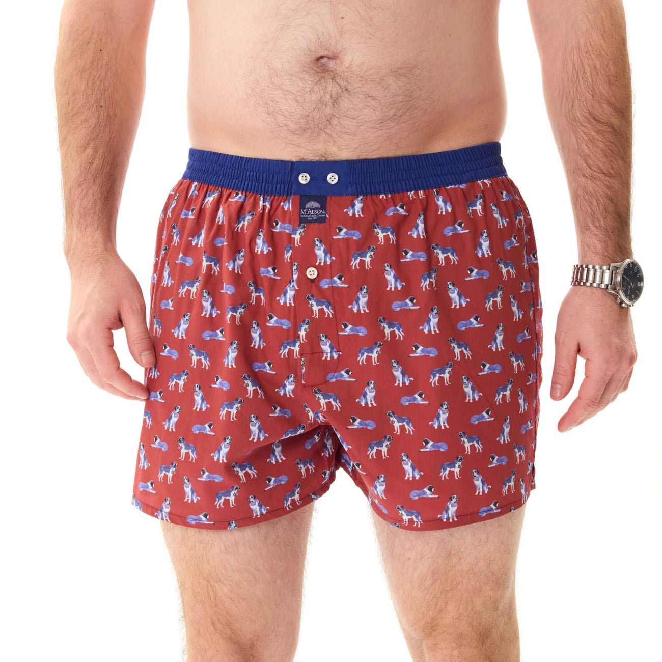 McAlson boxershort in burgundy met Sint Bernardprint en donkerblauwe boord voor stijl en comfort.