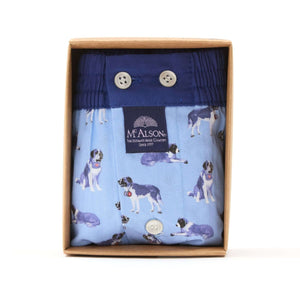 McAlson boxershort in lichtblauw met Saint Bernard print, verpakt in een doos.