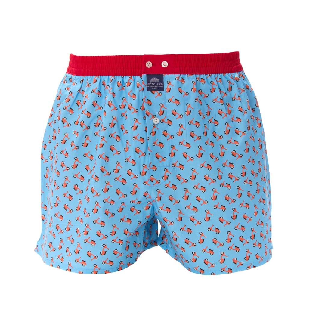 McAlson boxershort met scooterprint in lichtblauw en rode boord, comfortabel en stijlvol.