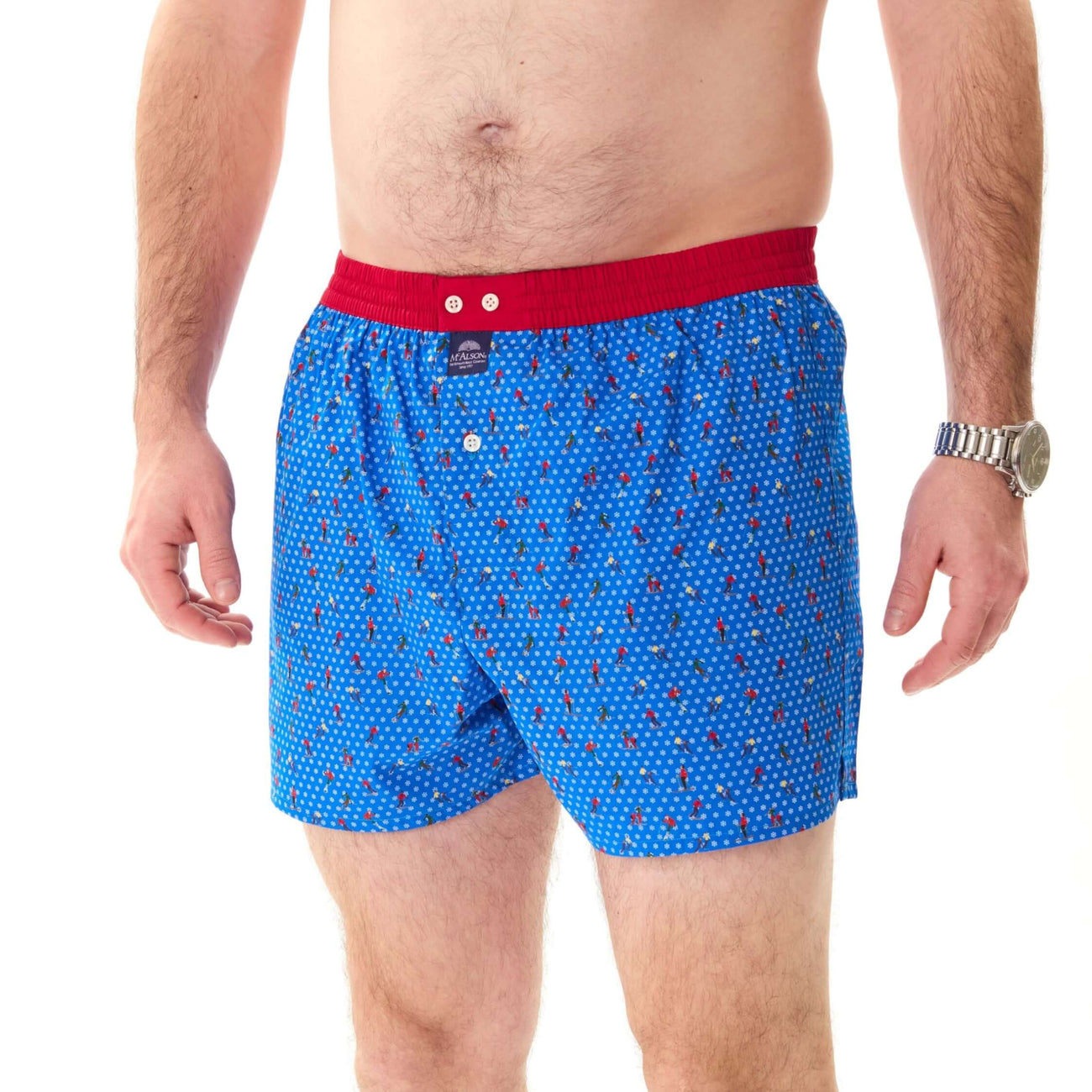 McAlson Boxershort met binnenbroek Skiërs blue M5263, blauwe wijde boxer met skiprint en donkerrode boord.