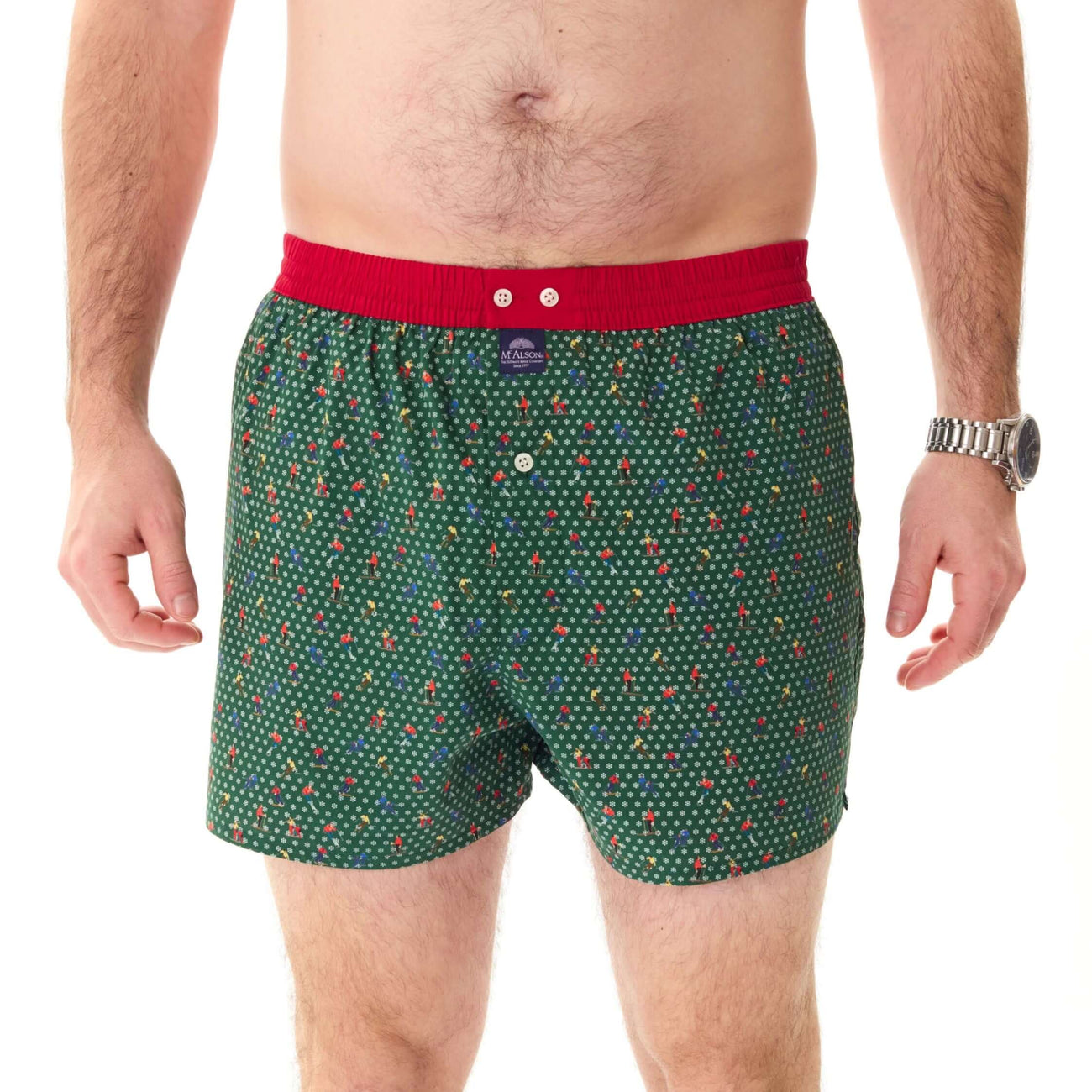 McAlson Boxershort met binnenbroek Skiërs green M5264 met skiprint en rode boord voor stijl en comfort.