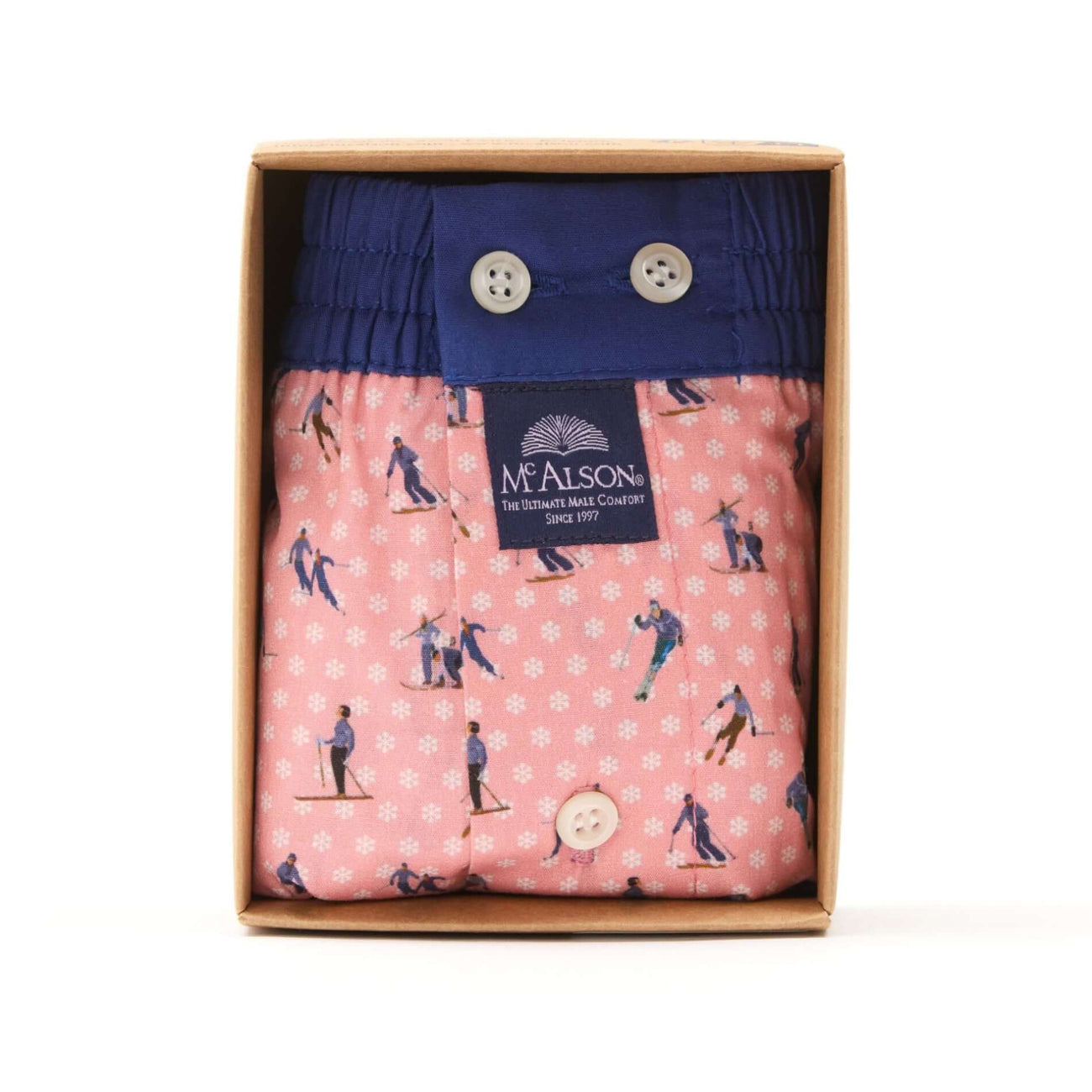 McAlson Boxershort met binnenbroek Skiërs pink M5262 in verpakking met skiprint en donkerblauwe boord.