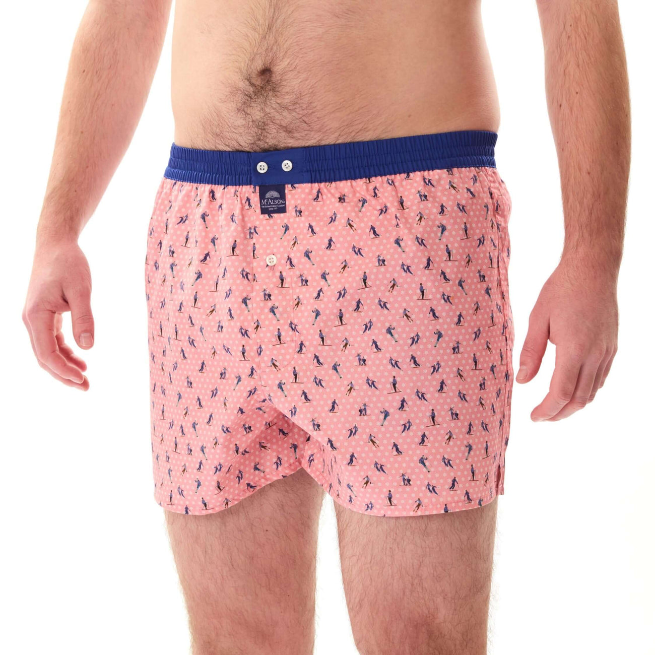 McAlson Boxershort met binnenbroek Skiërs pink M5262, roze boxer met skiprint en donkerblauwe boord.