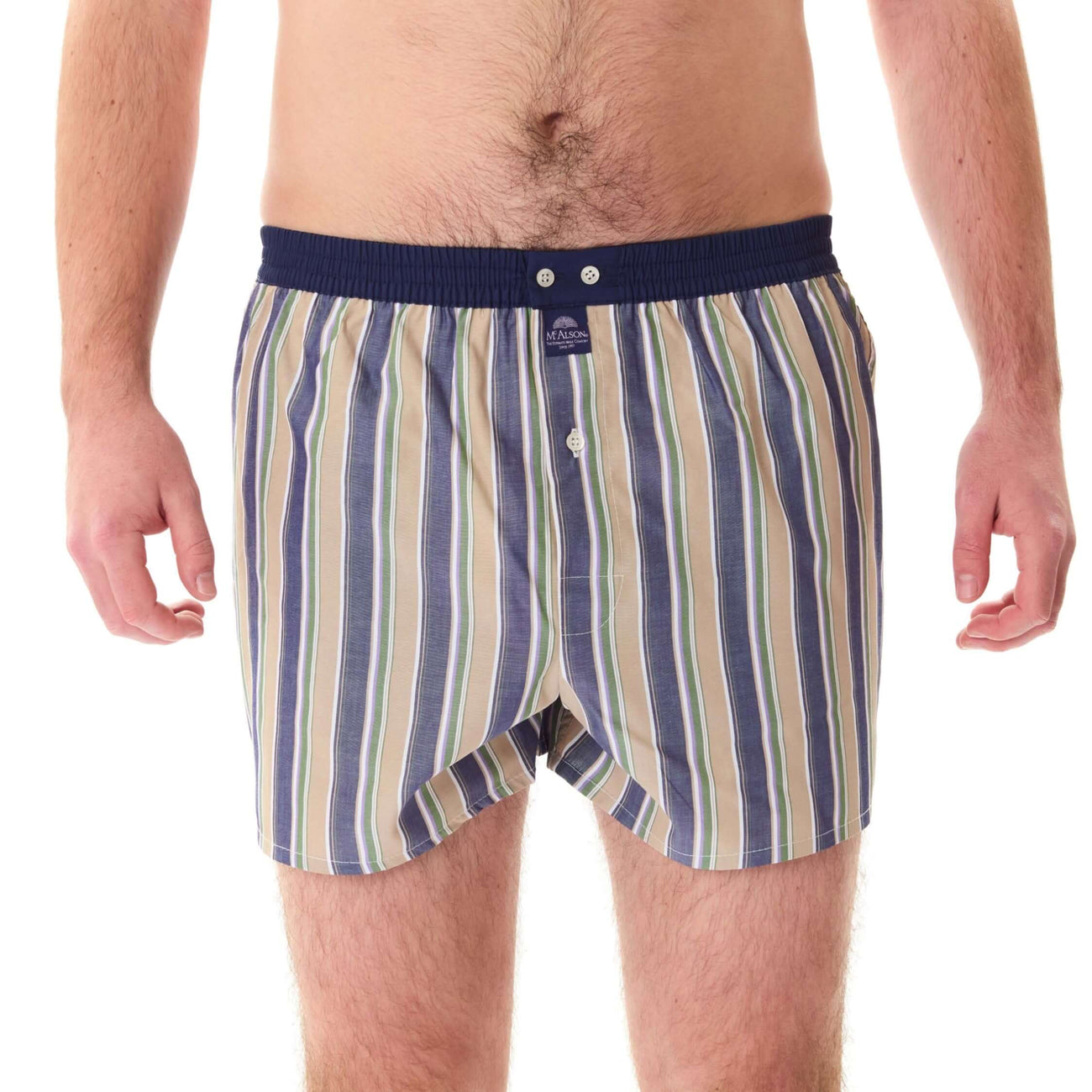 McAlson boxershort met strepen in bruin, groen en navy, ideaal voor stijl en comfort.