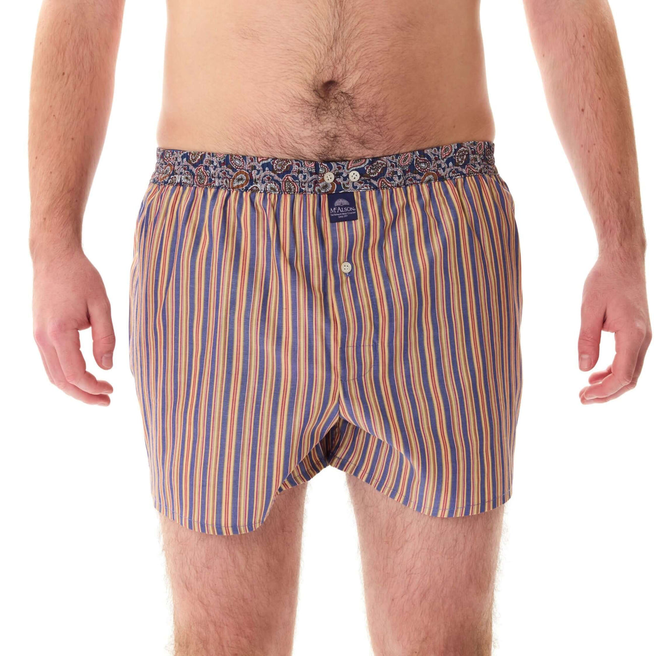 McAlson boxershort in blauw, geel, en bordeaux gestreept met paisley boord voor comfort en stijl.