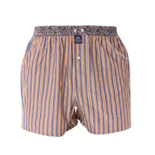 McAlson boxershort in blauw-geel-bordeaux streep met paisley boord, biedt stijl en comfort voor mannen.