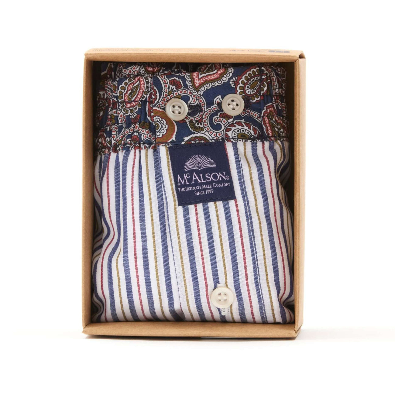 McAlson boxershort in cadeauverpakking met streepjes en paisley design, stijlvol en comfortabel.
