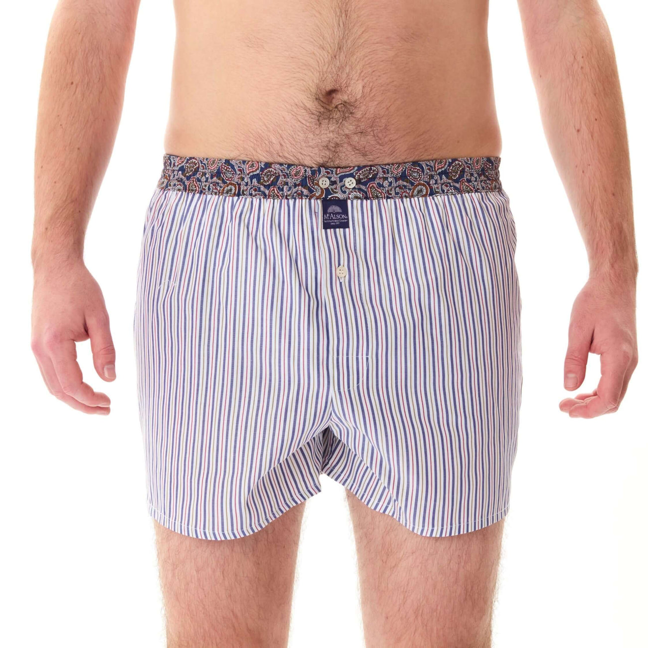 McAlson boxershort met streepjesprint in navy en bordeaux, met paisley boord voor comfort en stijl.