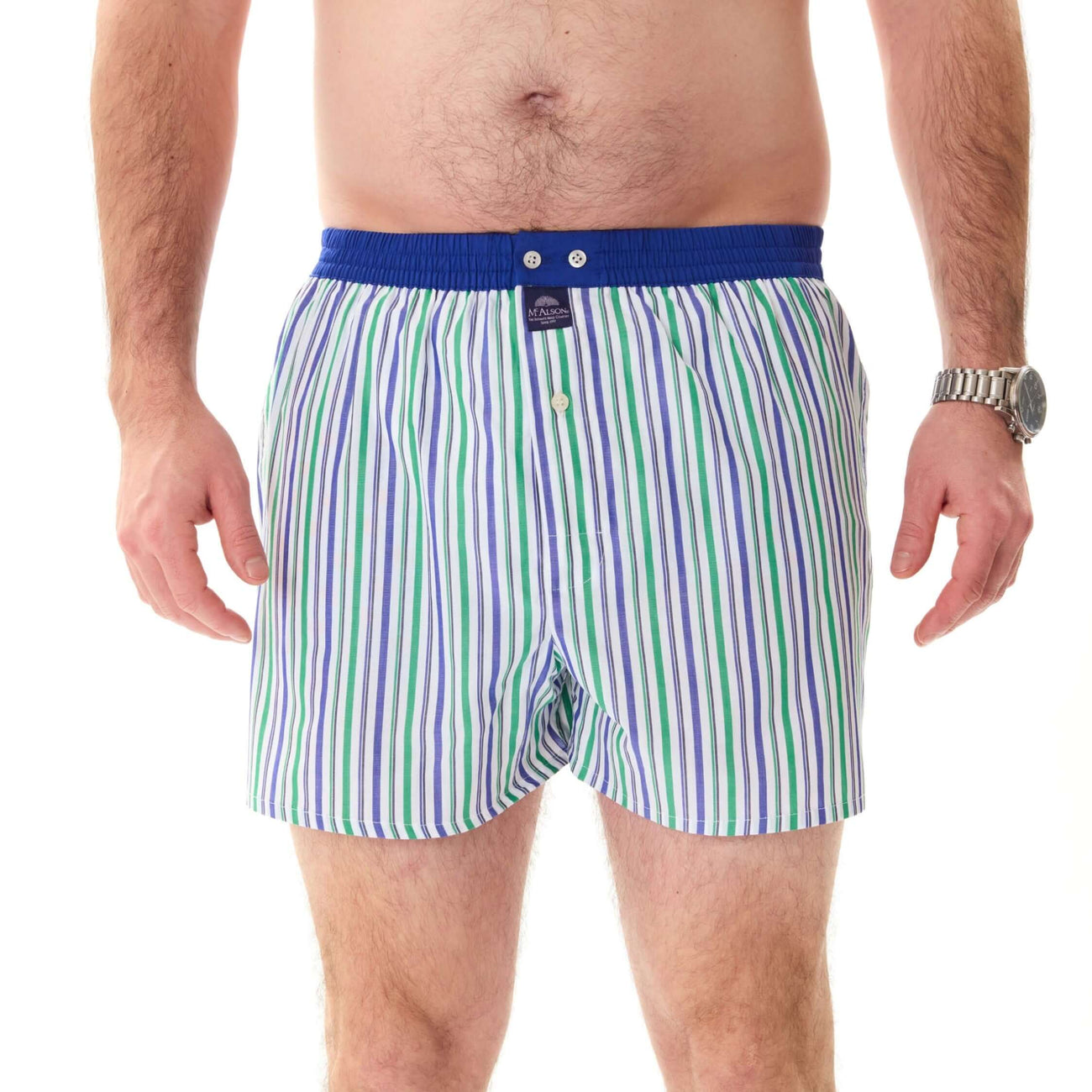 McAlson Boxershort groen en blauw met streepjesprint en donkerblauwe boord, comfortabele pasvorm.