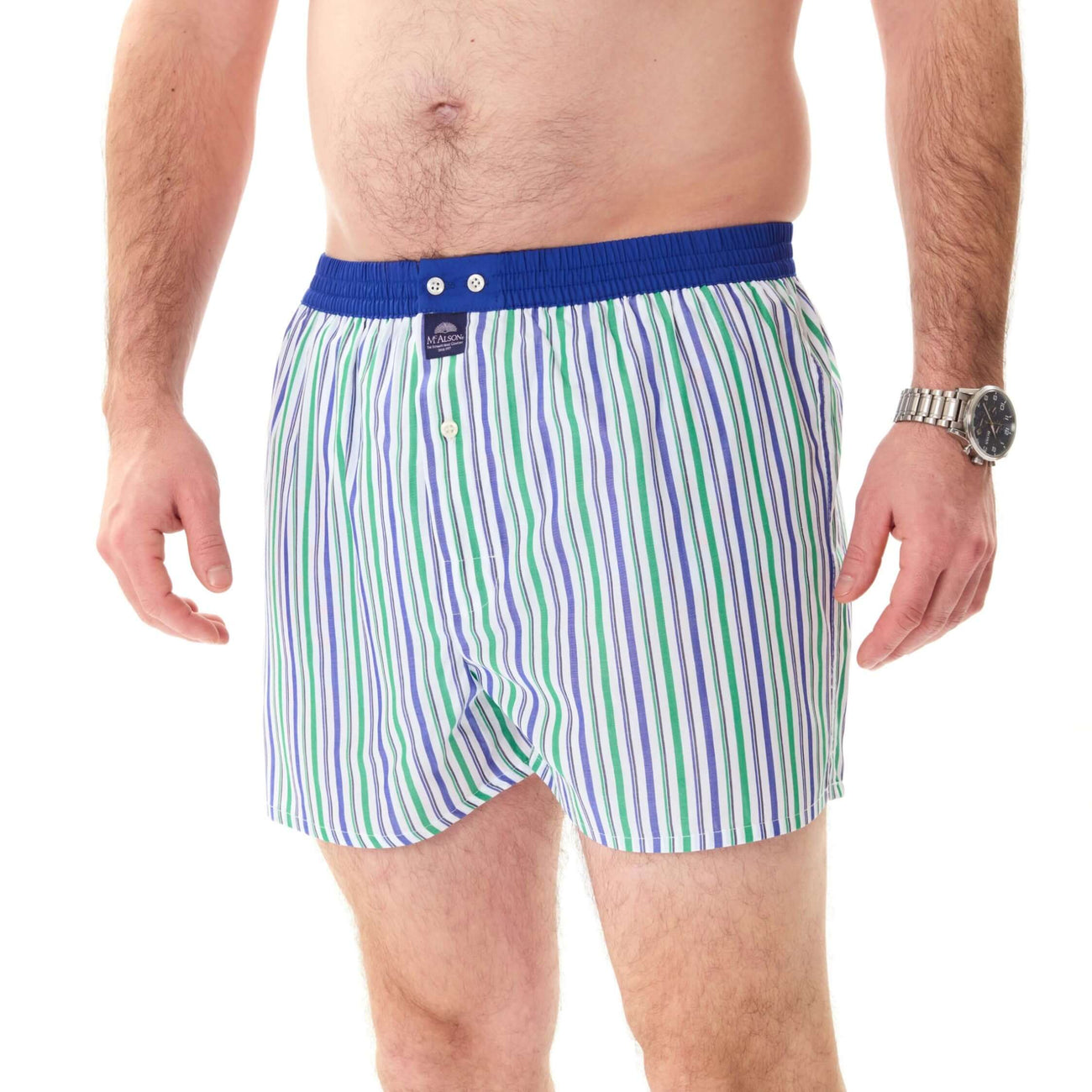 McAlson blauwe boxershort met groene en blauwe streepjes en donkerblauwe boord, ideaal voor comfort en stijl.