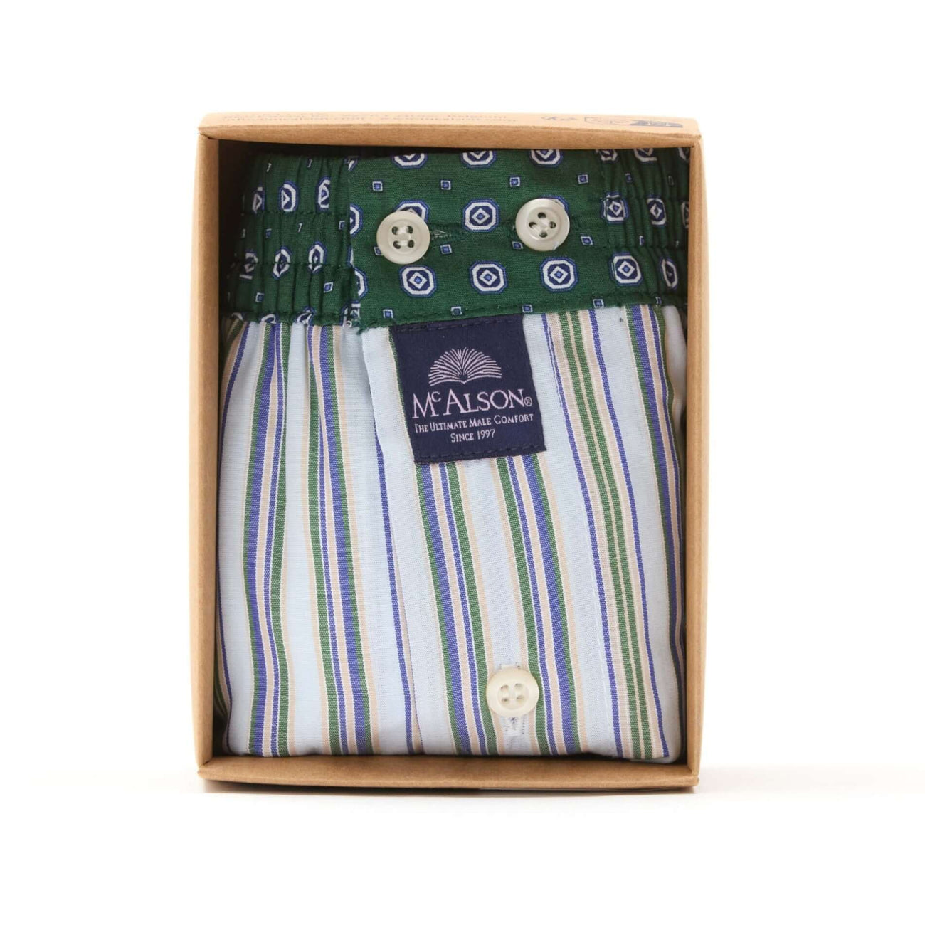 McAlson boxershort in lichtblauw en groen gestreept, met donkergroene boord in luxe verpakking.