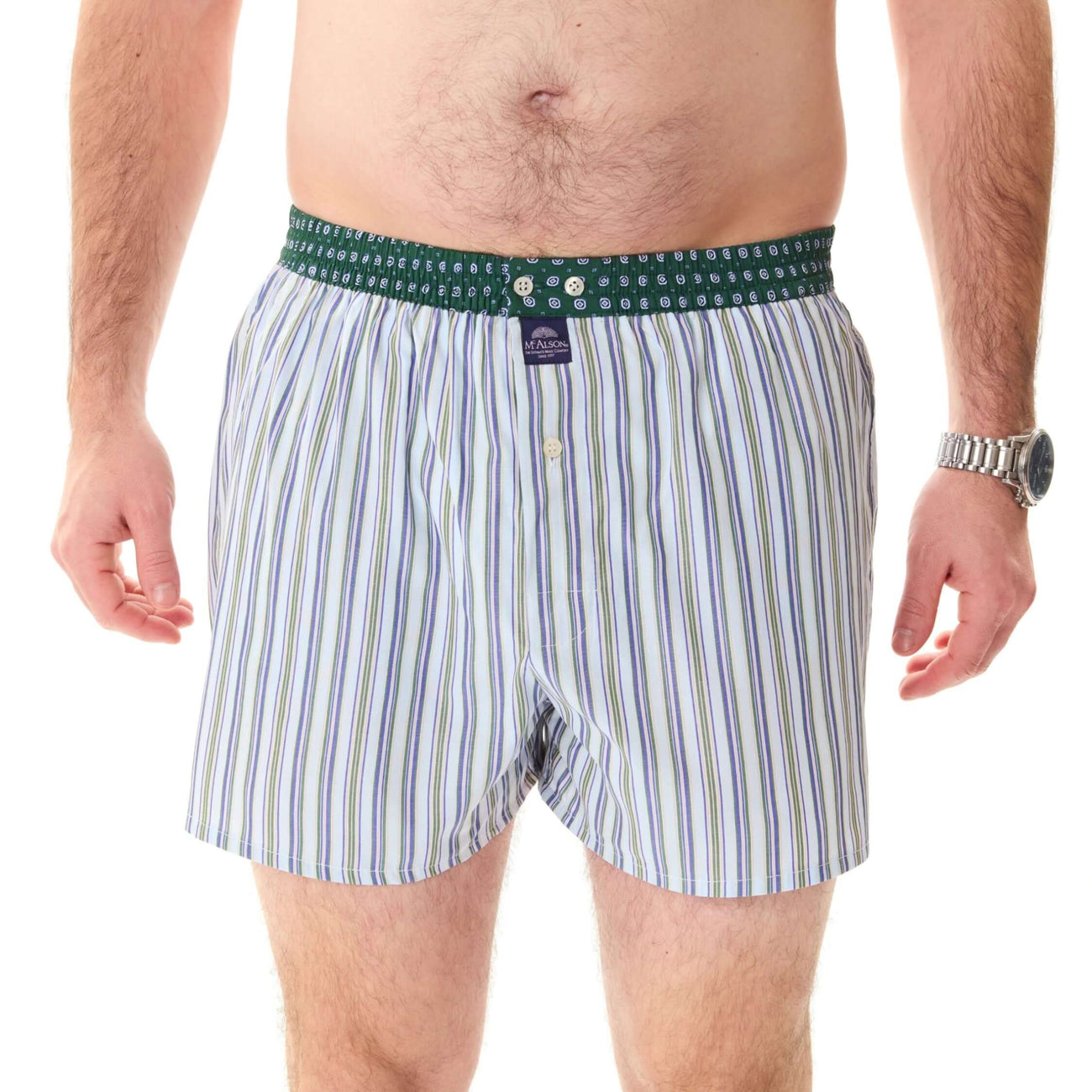 McAlson boxershort in lichtblauw en groen met strepen, comfortabel en stijlvol ontwerp.