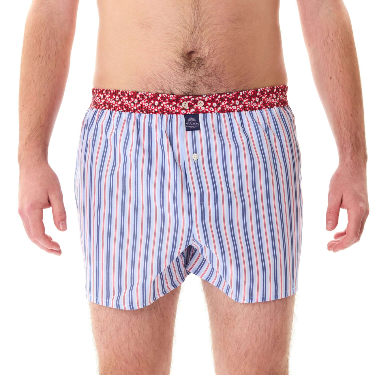 McAlson boxershort met streepjesprint in lichtblauw en navy met rode bloemenrand voor heren.
