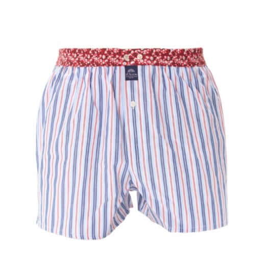 McAlson boxershort met streepjesprint in lichtblauw en navy, rode bloemenrand, stijlvol en comfortabel.
