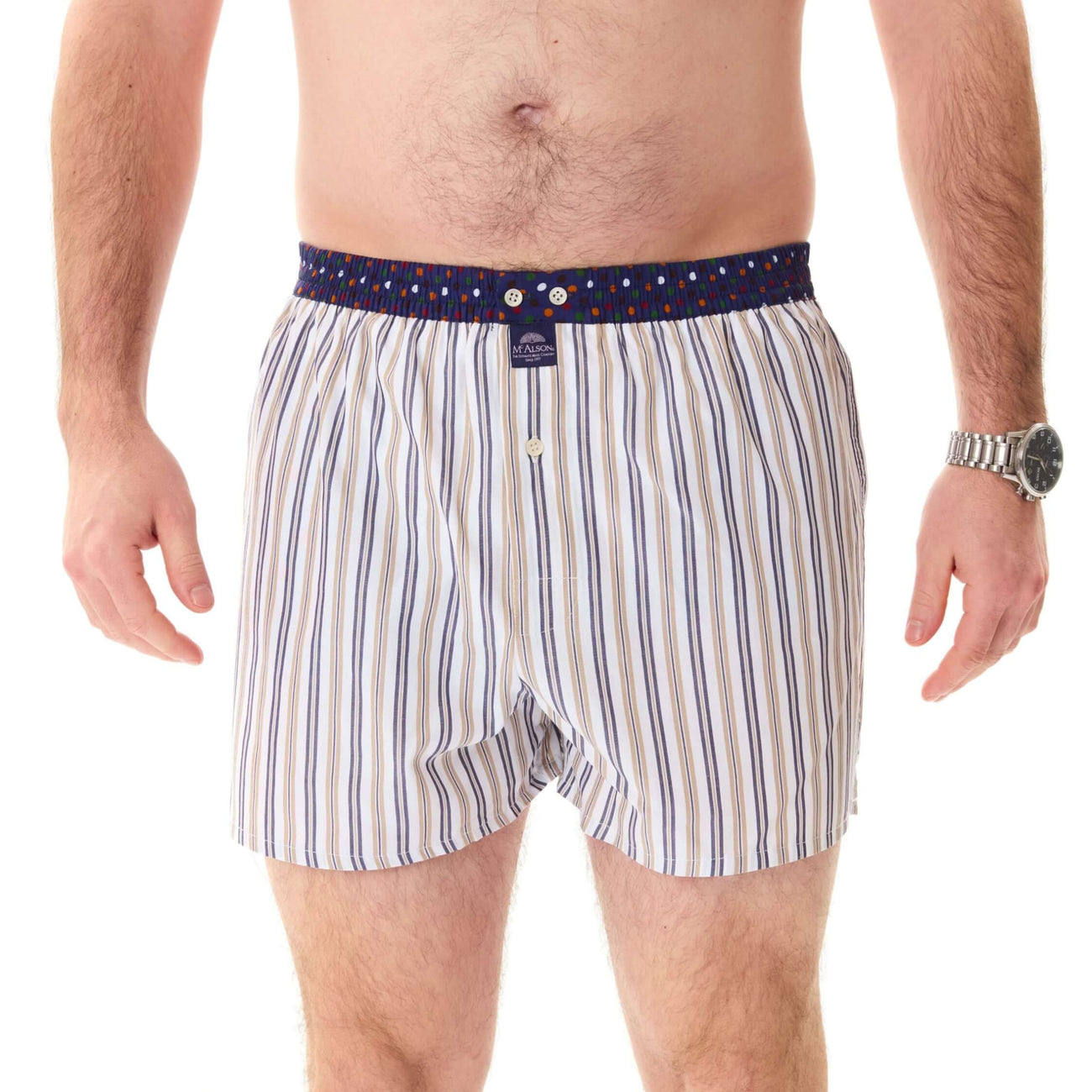 McAlson boxershort met streepjespatroon in navy en khaki, biedt stijl en comfort met inside support.