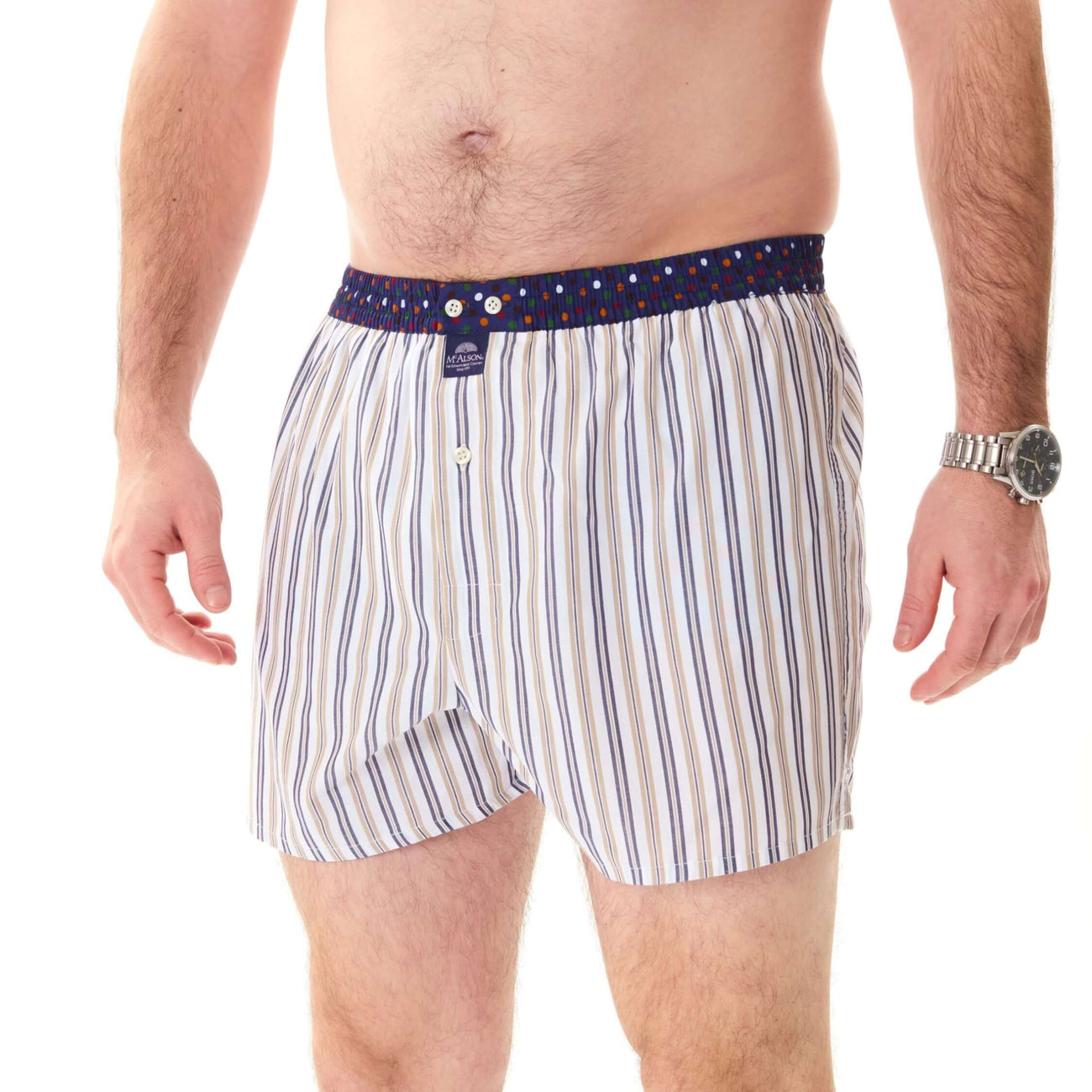 McAlson boxershort met streepjesprint in blauw en groen met donkerblauwe boord, model M5210.