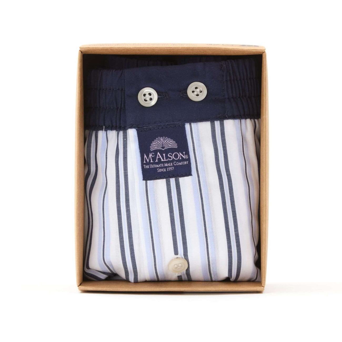 McAlson boxershort in doos met streepjesprint in navy en lichtblauw, met verborgen steunsysteem.