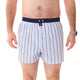 Blauwe boxershort met streepjesprint en donkerblauwe boord, voor stijl en comfort.