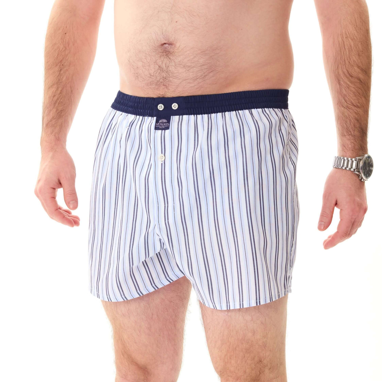 McAlson boxershort in navy en lichtblauw met streepjes, ontworpen voor comfort en stijl.