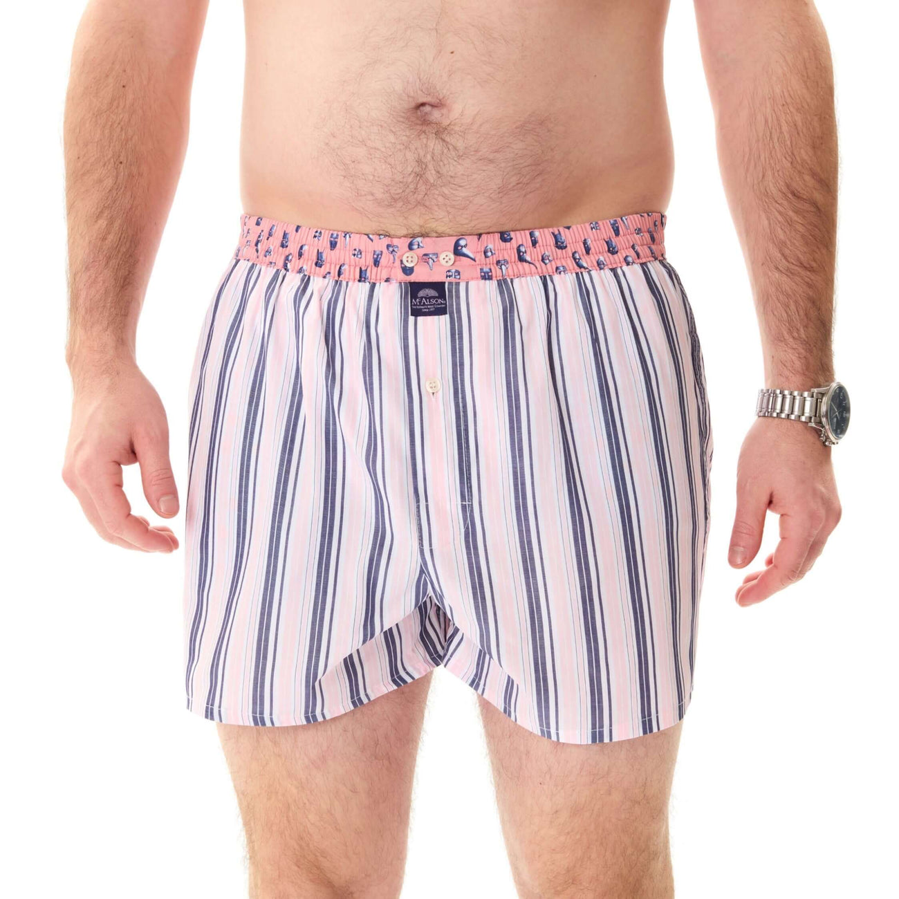McAlson boxershort in roze en navy met streepjesprint, stijlvolle en comfortabele pasvorm voor heren.