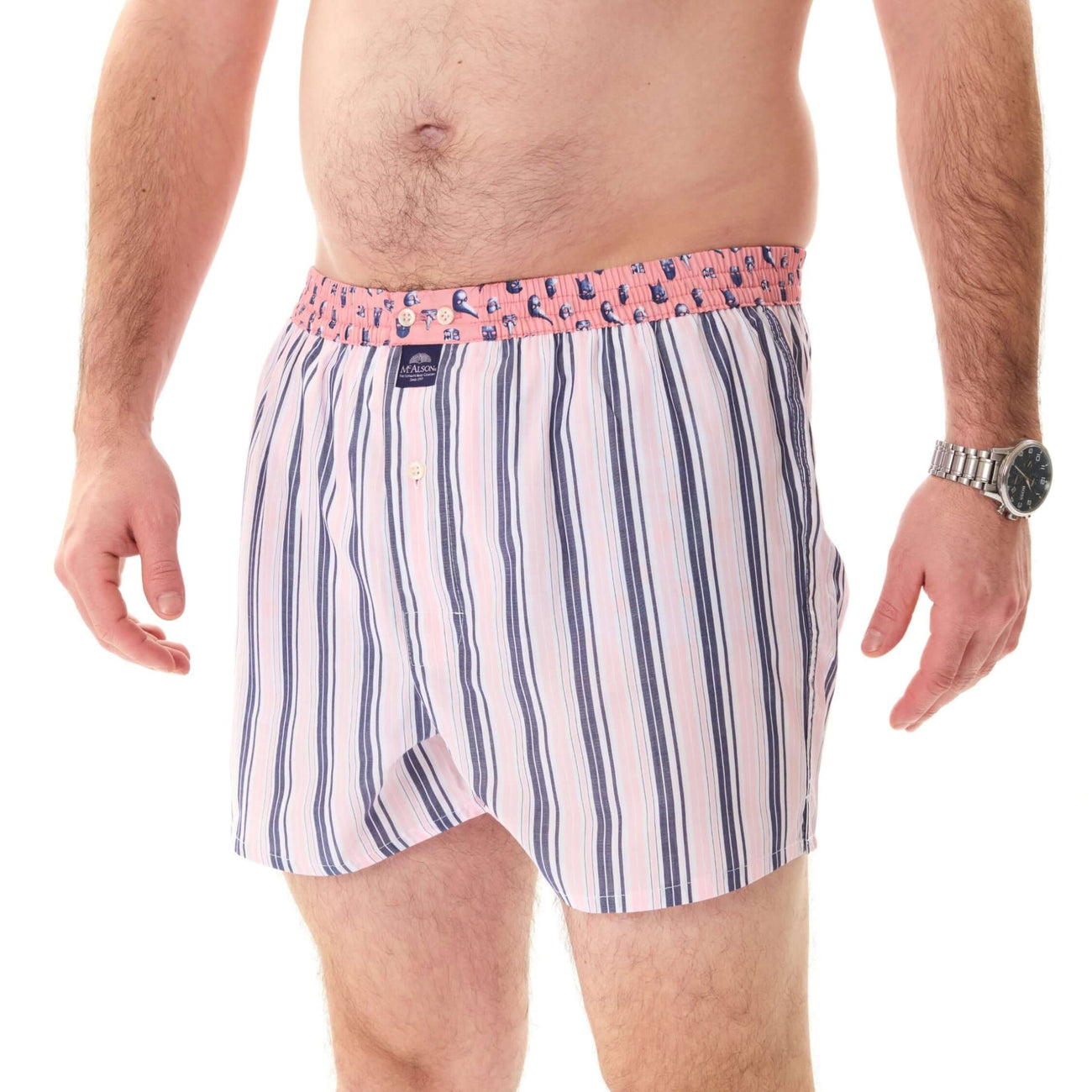 McAlson roze en navy gestreepte boxershort met interne ondersteuning en comfortabele pasvorm, model M5212.