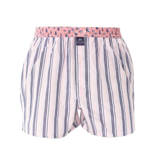 McAlson boxershort in roze en navy streepjesprint, met comfortabele binnenbroek en roze boord.