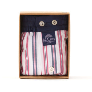 McAlson boxershort in rode en navy streepjesprint, verpakt in een geschenkdoos voor stijl en comfort.