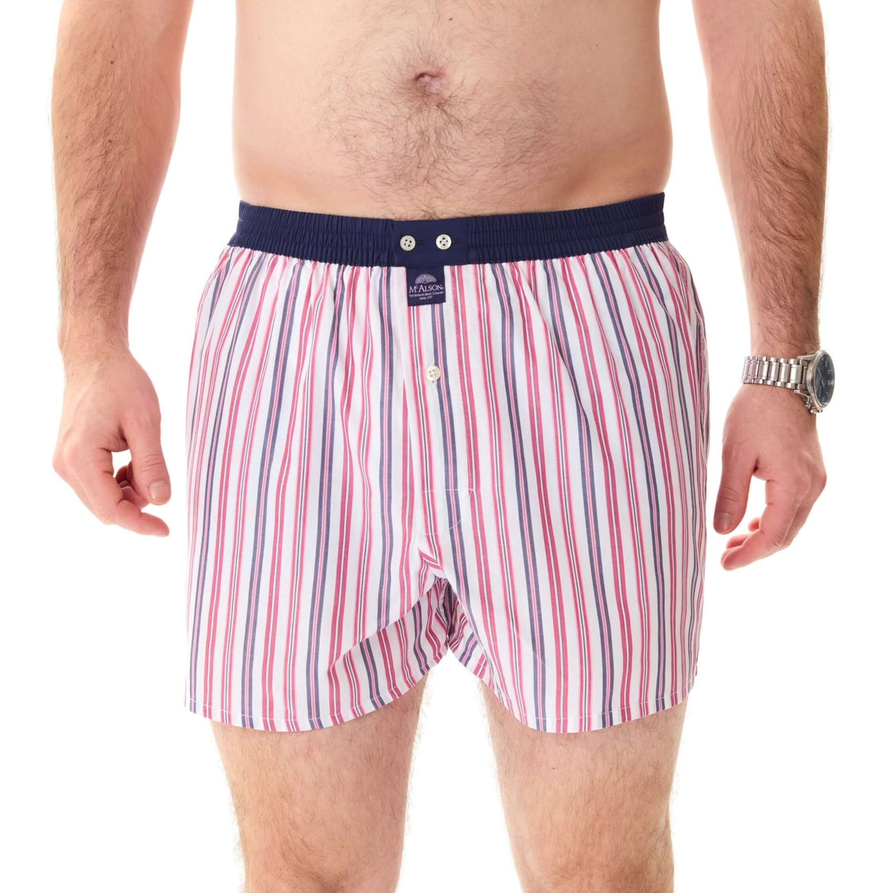 McAlson boxershort in rood en wit met streepjes en donkerblauwe boord, stijlvol en comfortabel.