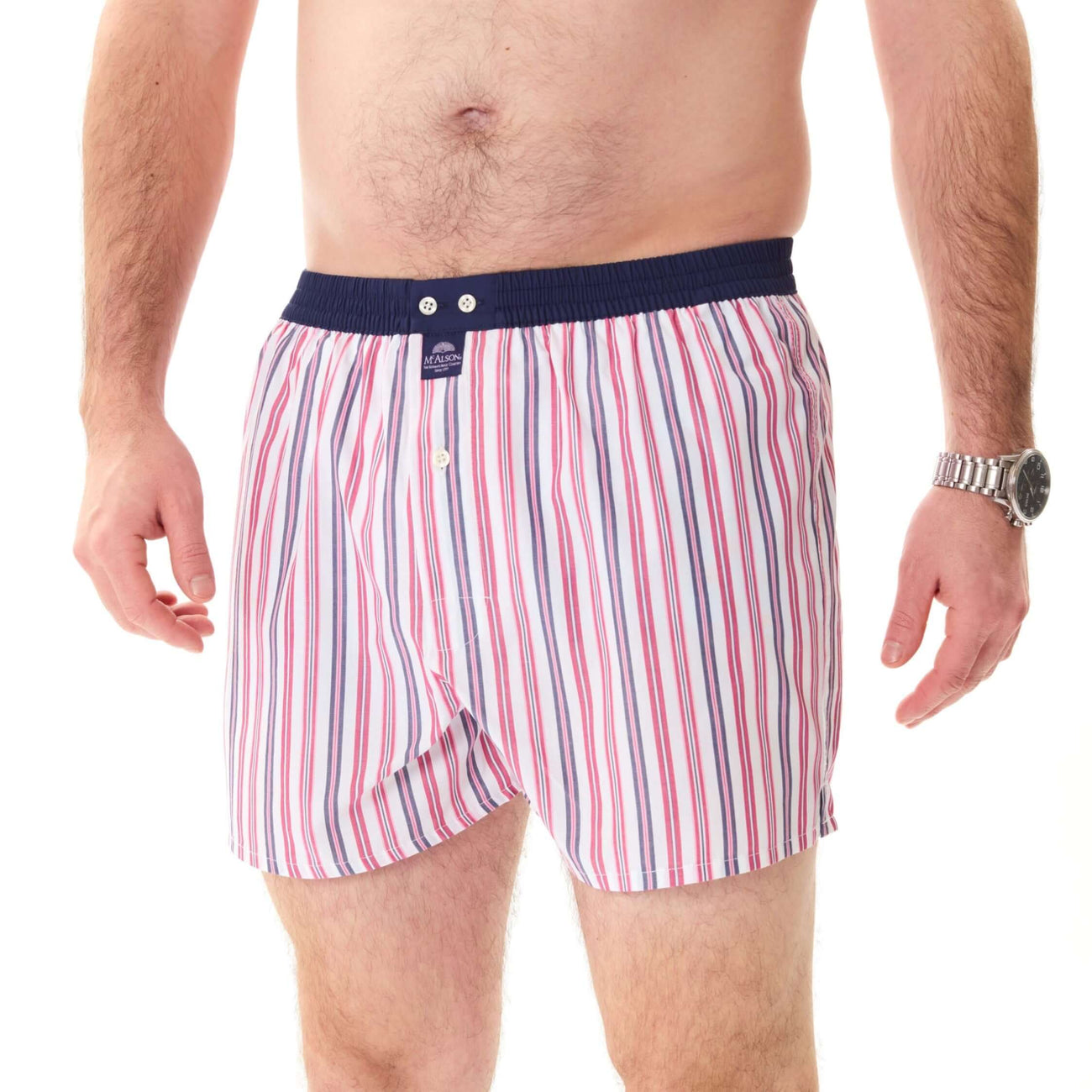 McAlson boxershort met streepjesprint in rood en wit, donkerblauwe boord, comfortabel en stijlvol.