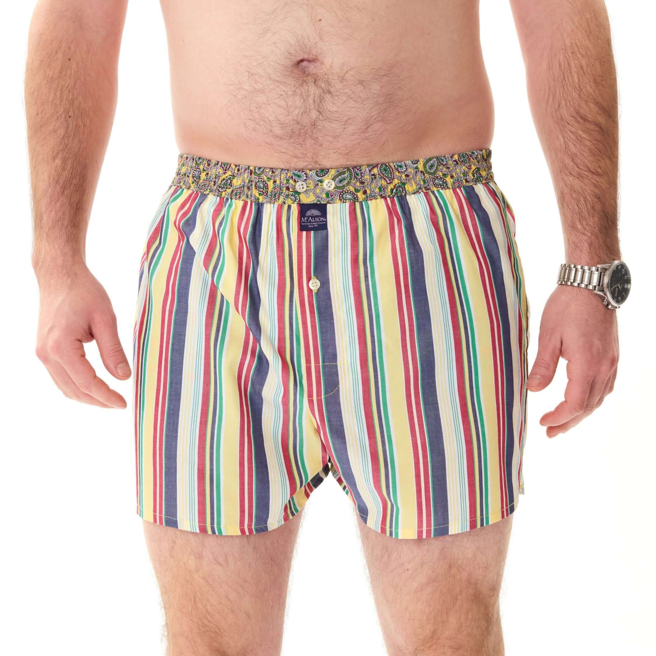 McAlson boxershort met streepjesprint in rood, geel en marineblauw, comfortabele pasvorm en binnenste steunsysteem.