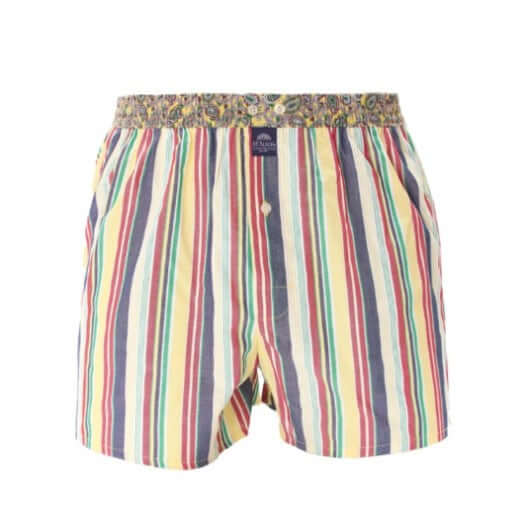 McAlson boxershort met streepjesprint in rood, geel en navy, comfortabele binnenbroek met paisley boord.