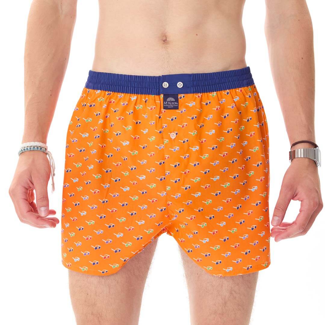 Oranje McAlson boxershort met zonnebrilprint en donkerblauwe boord voor stijl en comfort.