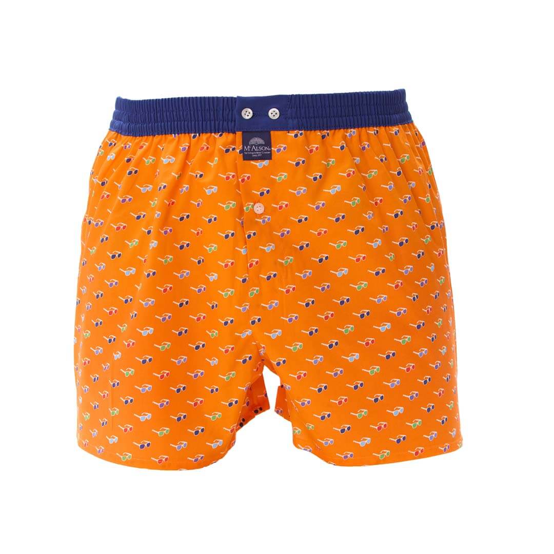 McAlson oranje boxershort met zonnebrilprint en donkerblauwe boord, comfortabel en stijlvol met inside support.