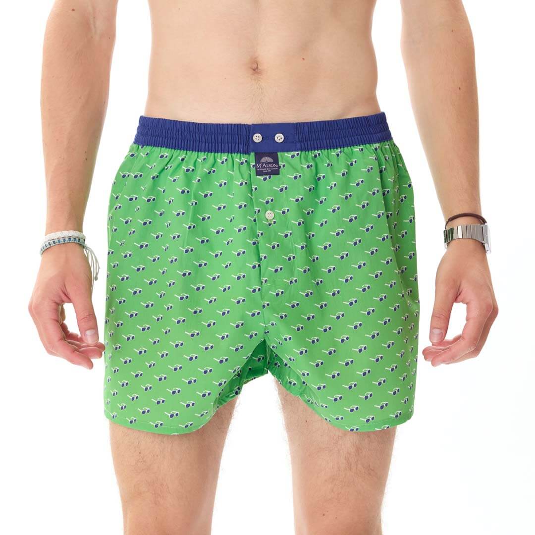 Groene boxershort met zonnebrillenprint en donkerblauwe boord voor heren, ideaal voor comfort en stijl.