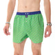 Groene boxershort met zonnebrillenprint en donkerblauwe boord, perfect voor stijl en comfort.