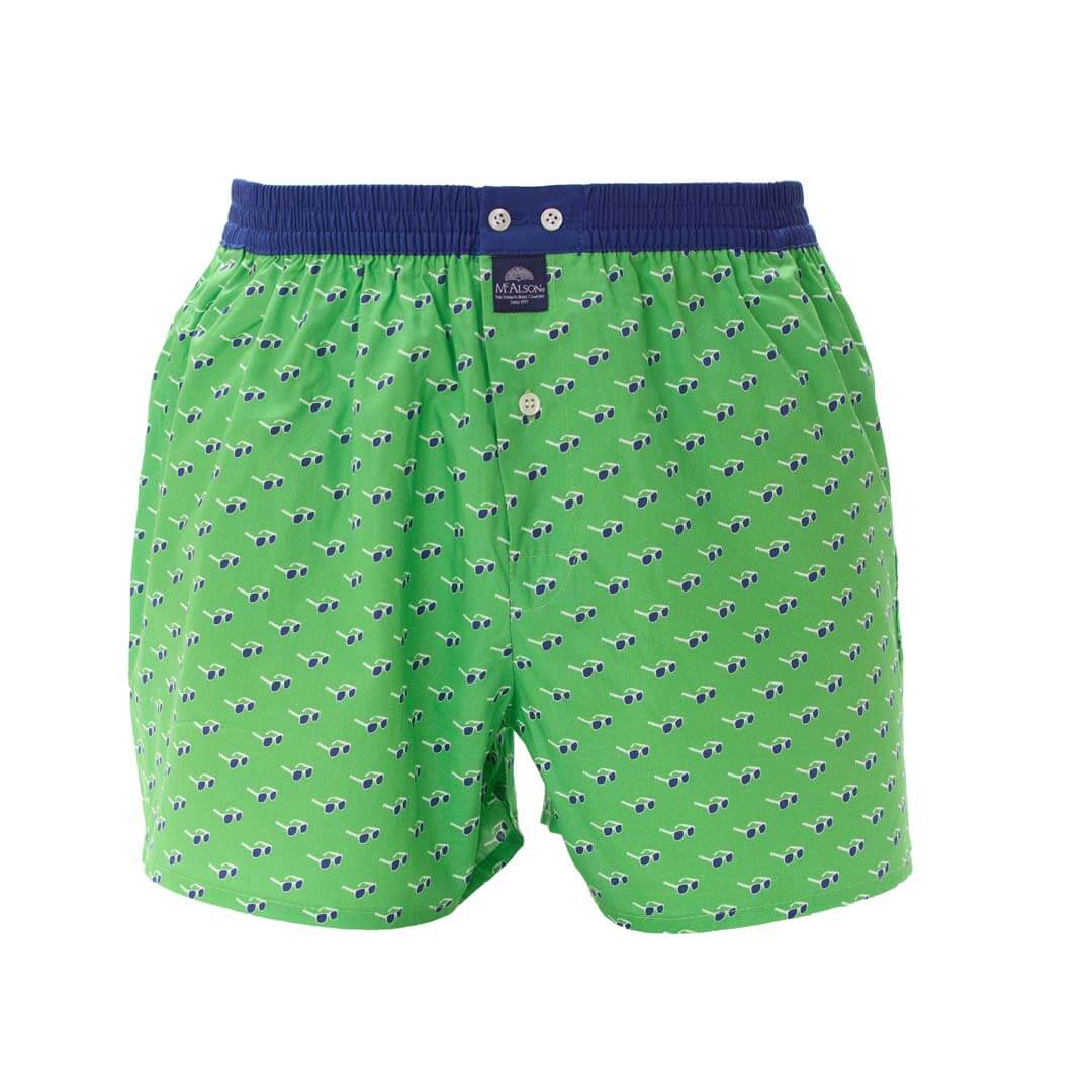 McAlson groene boxershort met zonnebrillenprint en donkerblauwe boord voor stijl en comfort.