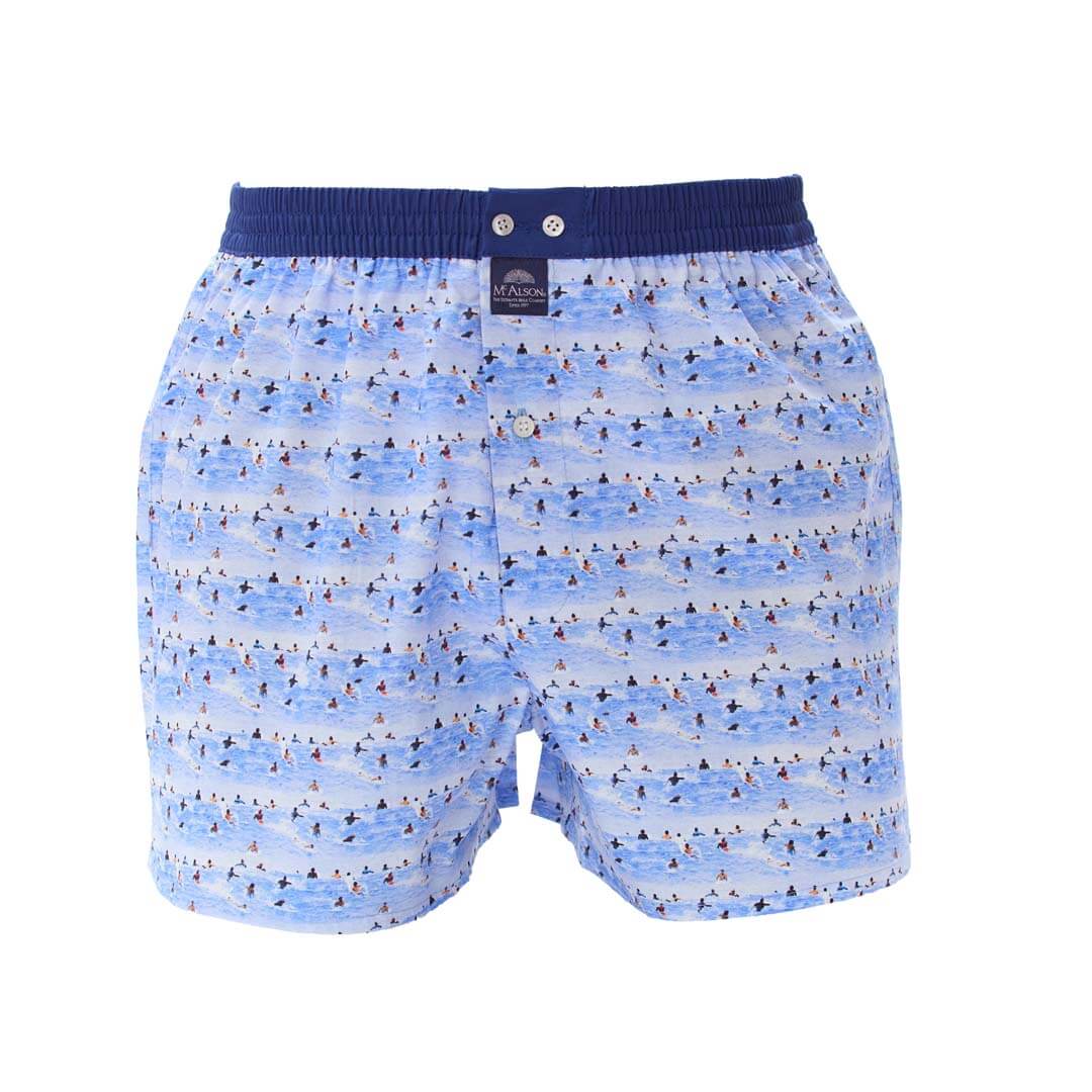 McAlson Boxershort Surfers Paradise Blue met surfersprint en donkerblauwe boord voor comfort en stijl.
