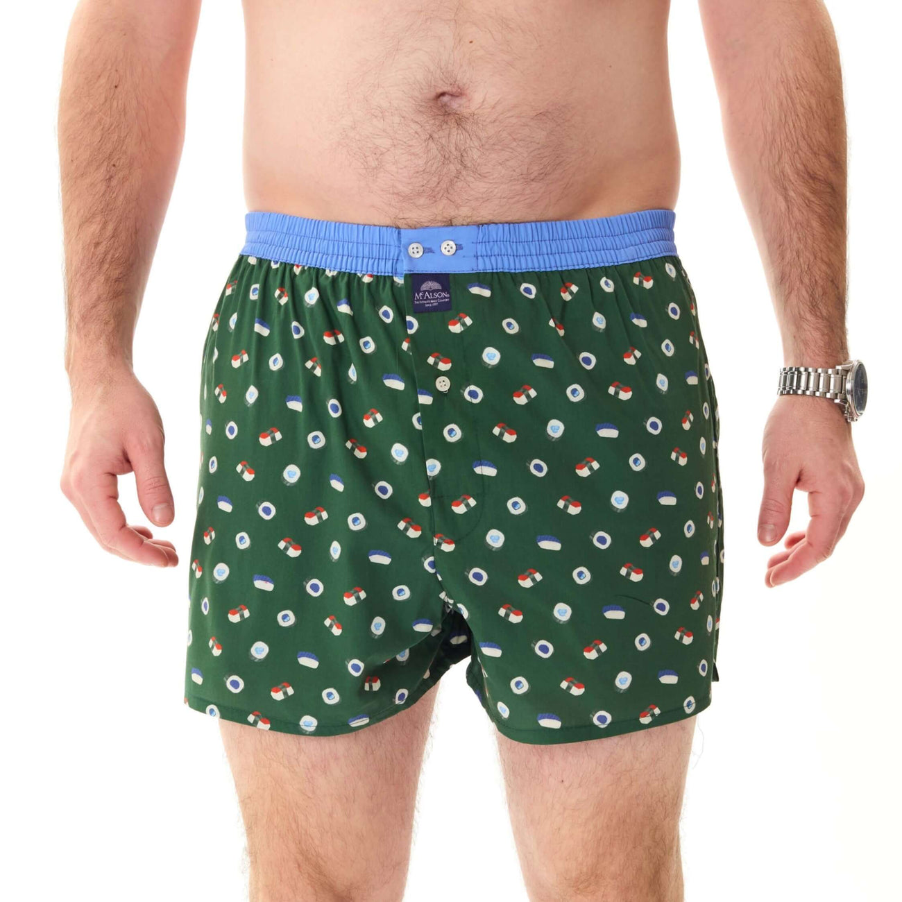 Groene boxershort met sushiprint en lichtblauwe boord, stijlvol en comfortabel met inside support.