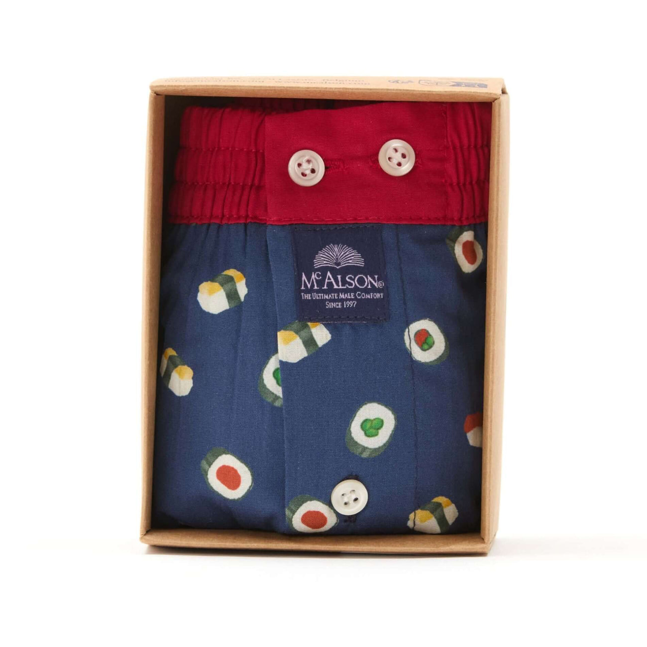 McAlson boxershort in sushiprint, navy met donkerrode boord, stylish en comfortabel, geleverd in verpakking.