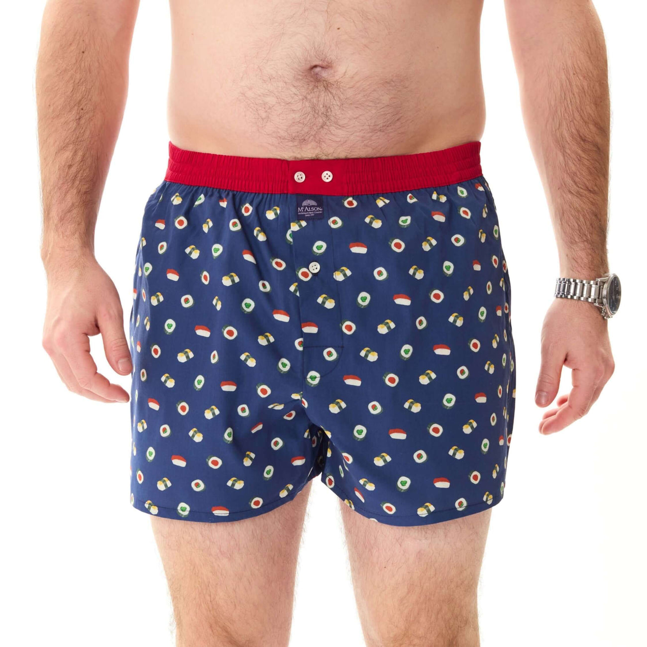 McAlson boxershort in navy met sushiprint en donkerrode boord voor stijl en comfort.