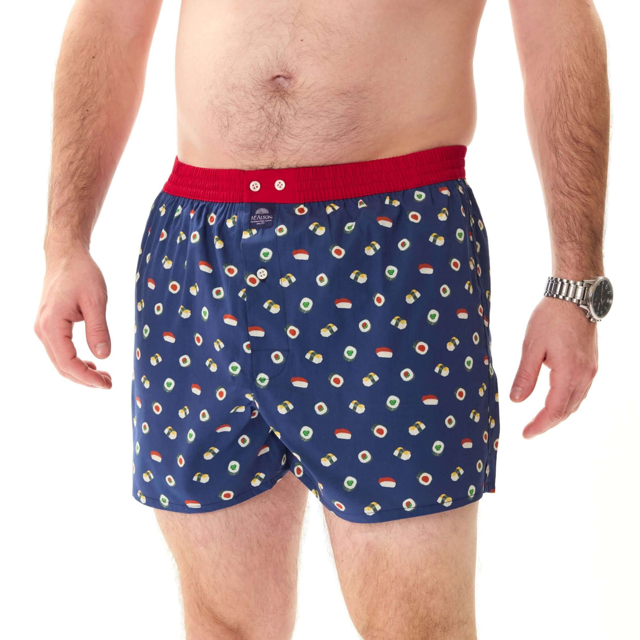Blauwe sushiprint boxershort met donkerrode boord voor stijl en comfort.