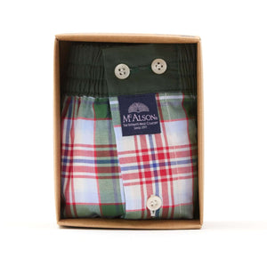 McAlson boxershort in tartan groene-rode ruitjes, stijlvol verpakt in een geschenkdoos met knopen.