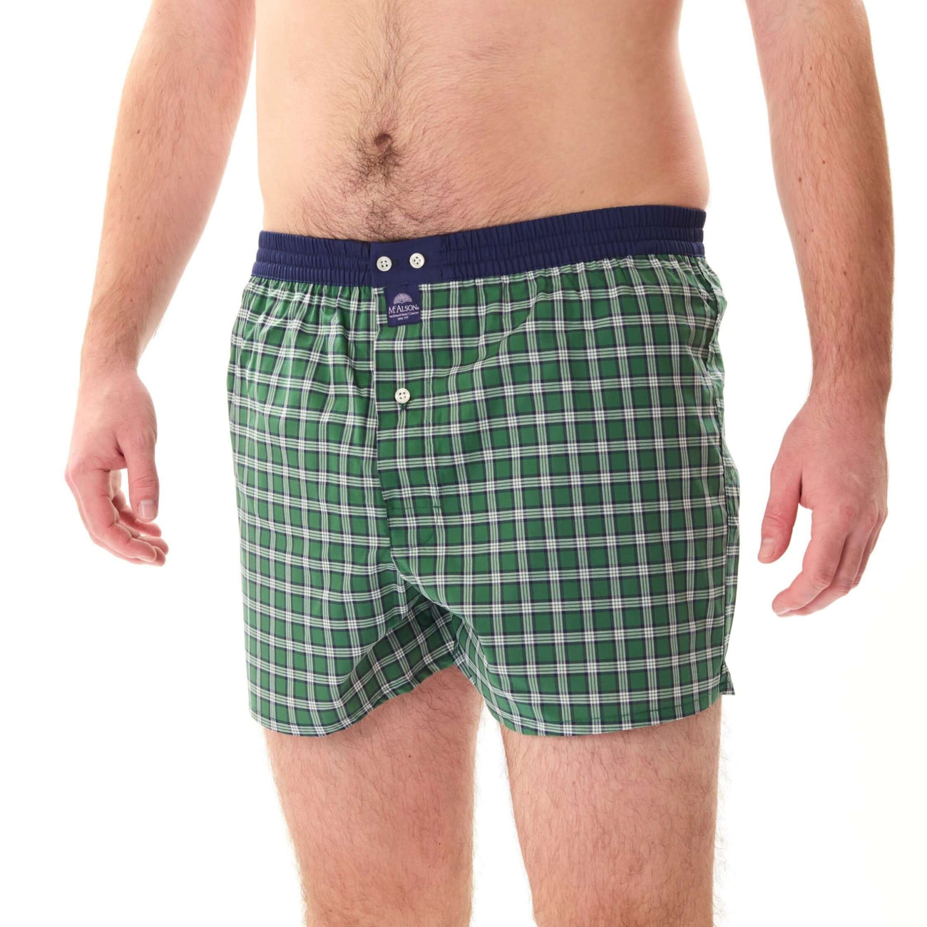 Groene tartan boxershort voor heren met blauwe boord, comfortabel en stijlvol.