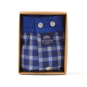 McAlson boxershort met tartanprint en donkerblauwe boord, verpakt in een doosje.