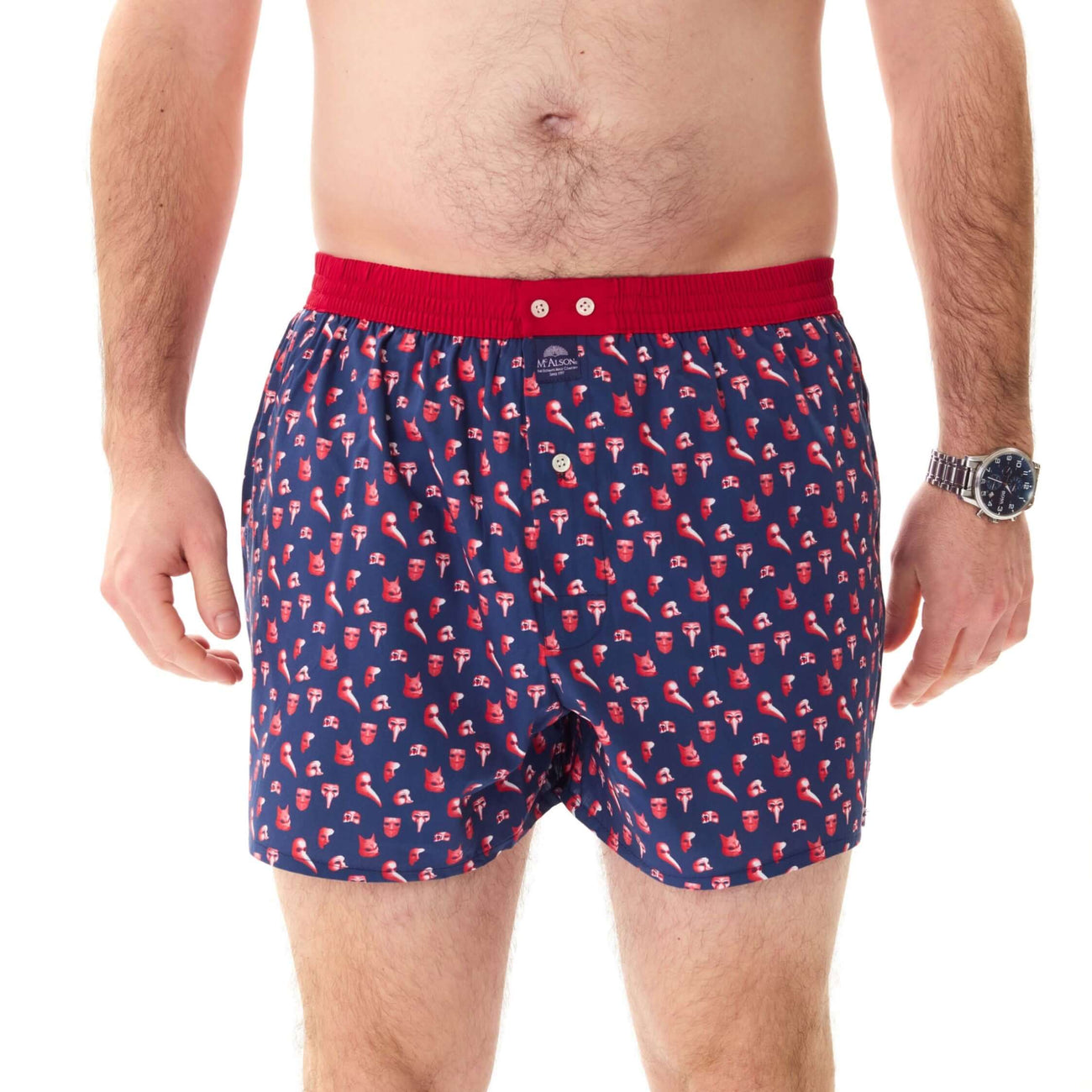 McAlson Boxershort met binnenbroek Venetian Masks navy M5251 in navy met Venetiaanse masker print en rode boord.