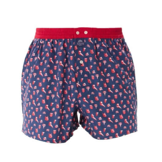 McAlson Boxershort met binnenbroek Venetian Masks navy M5251, blauwe boxershort met Venetiaanse masker print en rode boord.