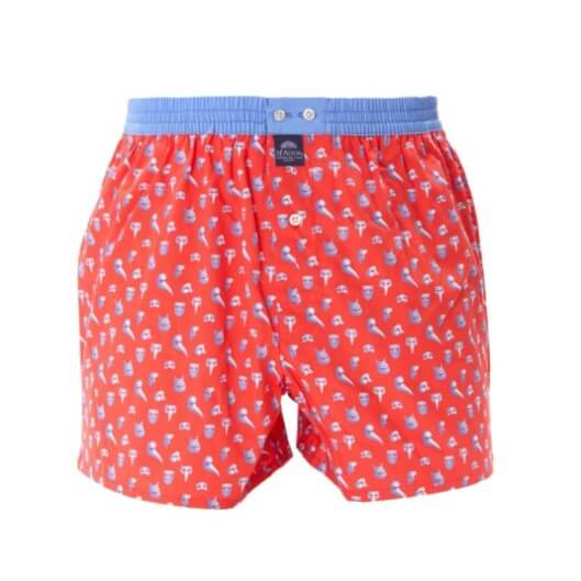 McAlson Boxershort met binnenbroek Venetian Masks red M5252, rode wijde boxer met maskerprint en blauwe boord.